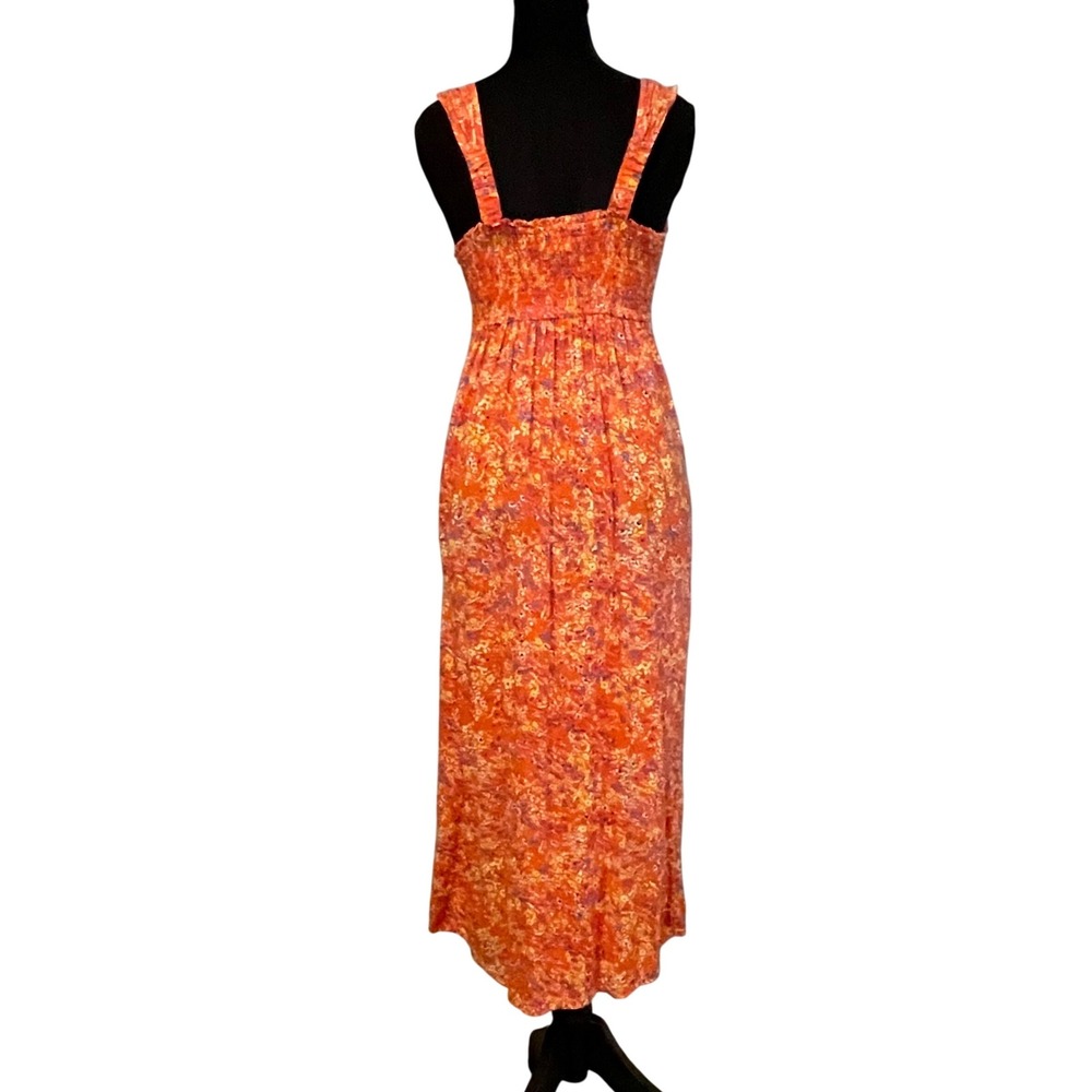 Japana Orange Floral Button Front Maxi Dress Square Neck‎ Smocked Waist Sz Small - Picture 3 of 4